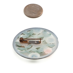 Vintage Art Deco hand painted pierced floral round celluloid pin brooch 