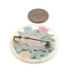 Vintage 1930's hand painted pierced floral round celluloid pin brooch 