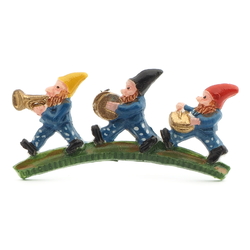 Vintage Deco hand painted Three Dwarfs Gnomes orchestra celluloid pin brooch blue