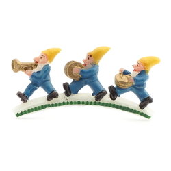 Vintage 1930's hand painted Three Dwarfs Gnomes orchestra celluloid pin brooch blue