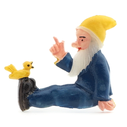 Vintage 1930's hand painted gnome with yellow bird celluloid pin brooch 