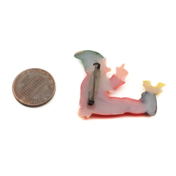 Vintage Art Deco hand painted red gnome with bird celluloid pin brooch 