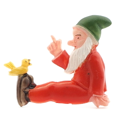 Vintage Art Deco hand painted red gnome with bird celluloid pin brooch 
