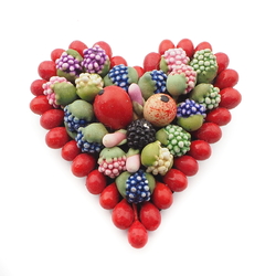Vintage Art Deco Czech glass paste bead fruits and berries heart pin brooch