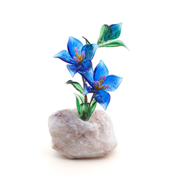 Czech lampwork glass blue alpine gentian plant flowers on stone Art ornament 