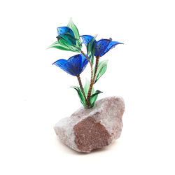 Czech lampwork glass blue alpine gentian plant flowers on stone Art ornament 