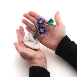 Czech lampwork glass blue alpine gentian plant flowers on stone Art ornament 