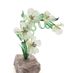 Czech hand made Lampwork Uranium glass tree Daisy Orchid plant flowers on stone Art ornament