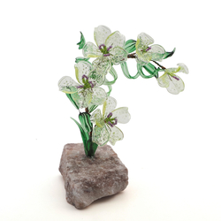 Czech hand made Lampwork Uranium glass tree Daisy Orchid plant flowers on stone Art ornament
