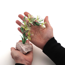 Czech hand made Lampwork Uranium glass tree Daisy Orchid plant flowers on stone Art ornament