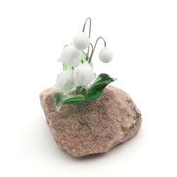 Czech lampwork glass bead 	 Lily of the Valley flowers on stone Art ornament 