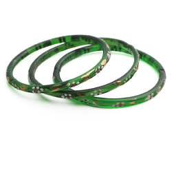 Lot (3) Antique Czech gold gilt enamel green faceted glass bangles 