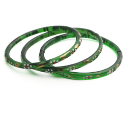 Lot (3) Antique Czech gold gilt enamel green faceted glass bangles 