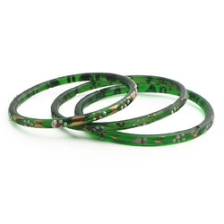 Lot (3) Antique Czech gold gilt enamel green faceted glass bangles 