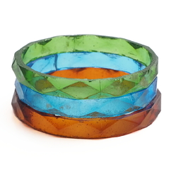 Lot (3) antique Czech green amber blue faceted glass bangles hoops 2.5"