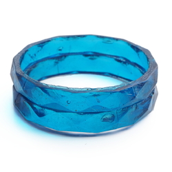 Lot (2) antique Czech blue faceted glass bangles hoops 2.25"