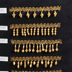 Vintage Czech 24 K gold hollow dangle drop beads ribbon lace trims lamp fringe dress millinery dolls sample card