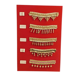 Vintage Czech 24 K gold hollow dangle drop beads ribbon lace trims lamp fringe dress millinery dolls sample card - kopie