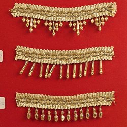 Vintage Czech 24 K gold hollow dangle drop beads ribbon lace trims lamp fringe dress millinery dolls sample card - kopie