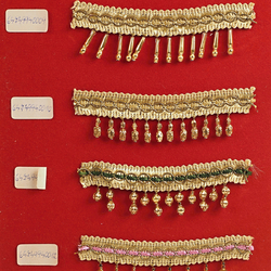 Vintage Czech 24 K gold hollow dangle drop beads ribbon lace trims lamp fringe dress millinery dolls sample card - kopie