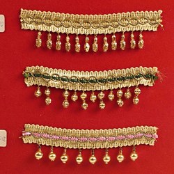 Vintage Czech 24 K gold hollow dangle drop beads ribbon lace trims lamp fringe dress millinery dolls sample card - kopie