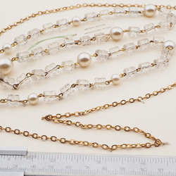 Vintage Czech gold chain necklace clear pentagon pearl glass beads 23"