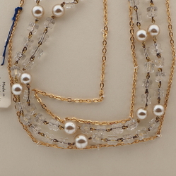 Vintage Czech 2 strand gold chain necklace clear pentagon pearl glass beads 