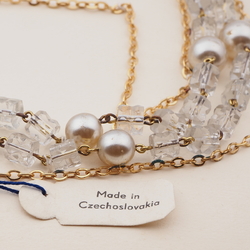 Vintage Czech 2 strand gold chain necklace clear pentagon pearl glass beads 