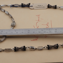 Vintage Czech link necklace part silvered black flower glass beads 