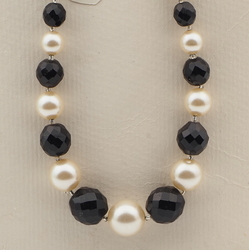 Vintage Czech necklace black faceted pearl glass beads 