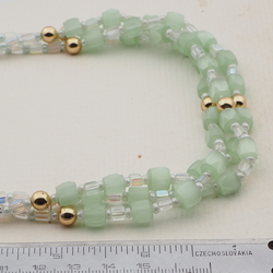 Vintage Czech 3 strand necklace green satin atlas AB glass beads 