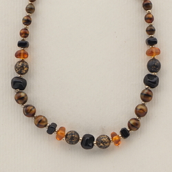 Vintage Czech necklace caramel satin marble topaz black glass beads 