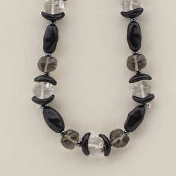 Vintage Czech necklace black clear smoky glass beads 16"