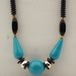 Vintage Czech necklace large turquoise lampwork black glass beads 
