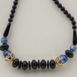 Vintage Czech necklace aventurine blue lined lampwork black glass beads 