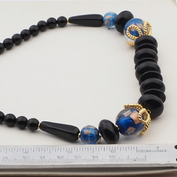 Vintage Czech necklace aventurine blue lined lampwork black glass beads 