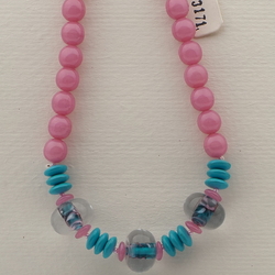 Vintage Czech necklace swirl lined lampwork pink turquoise glass beads 