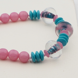 Vintage Czech necklace swirl lined lampwork pink turquoise glass beads 