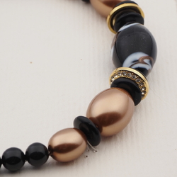 Vintage Czech necklace feather marble lampwork black bronze glass beads 
