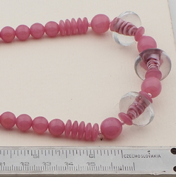 Vintage Czech necklace swirl lined lampwork pink opaline glass beads 