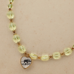 Vintage Czech necklace Uranium round oval glass beads souvenir heart locket pendant