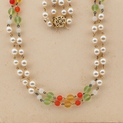Vintage Czech 2 strand link necklace pearl topaz orange glass beads 