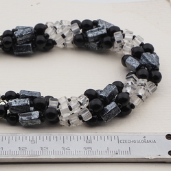 Vintage Czech 4 strand necklace black metallic marble glass beads