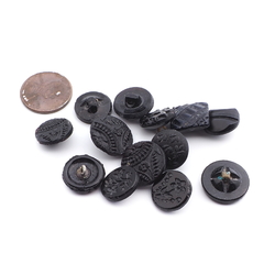 Lot (13) Czech antique Victorian geometric floral black glass buttons
