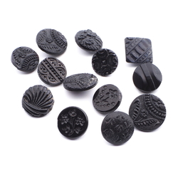 Lot (13) Czech antique Victorian geometric floral black glass buttons