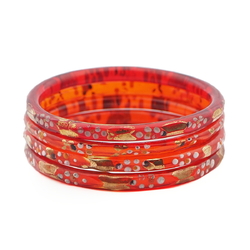 Lot (4) Antique Czech gold gilt enamel red faceted glass bangles 1.75"