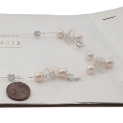 Vintage Czech silver link chain necklace clear flower AB pearl round glass beads 18"