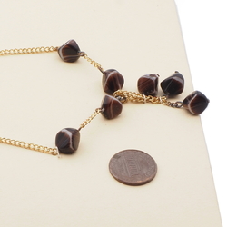 Vintage Czech gold link chain necklace brown marble glass beads 15"