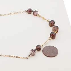 Vintage Czech gold chain necklace marble cube glass beads 16"