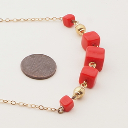Vintage Czech gold chain necklace red cube glass beads 16"